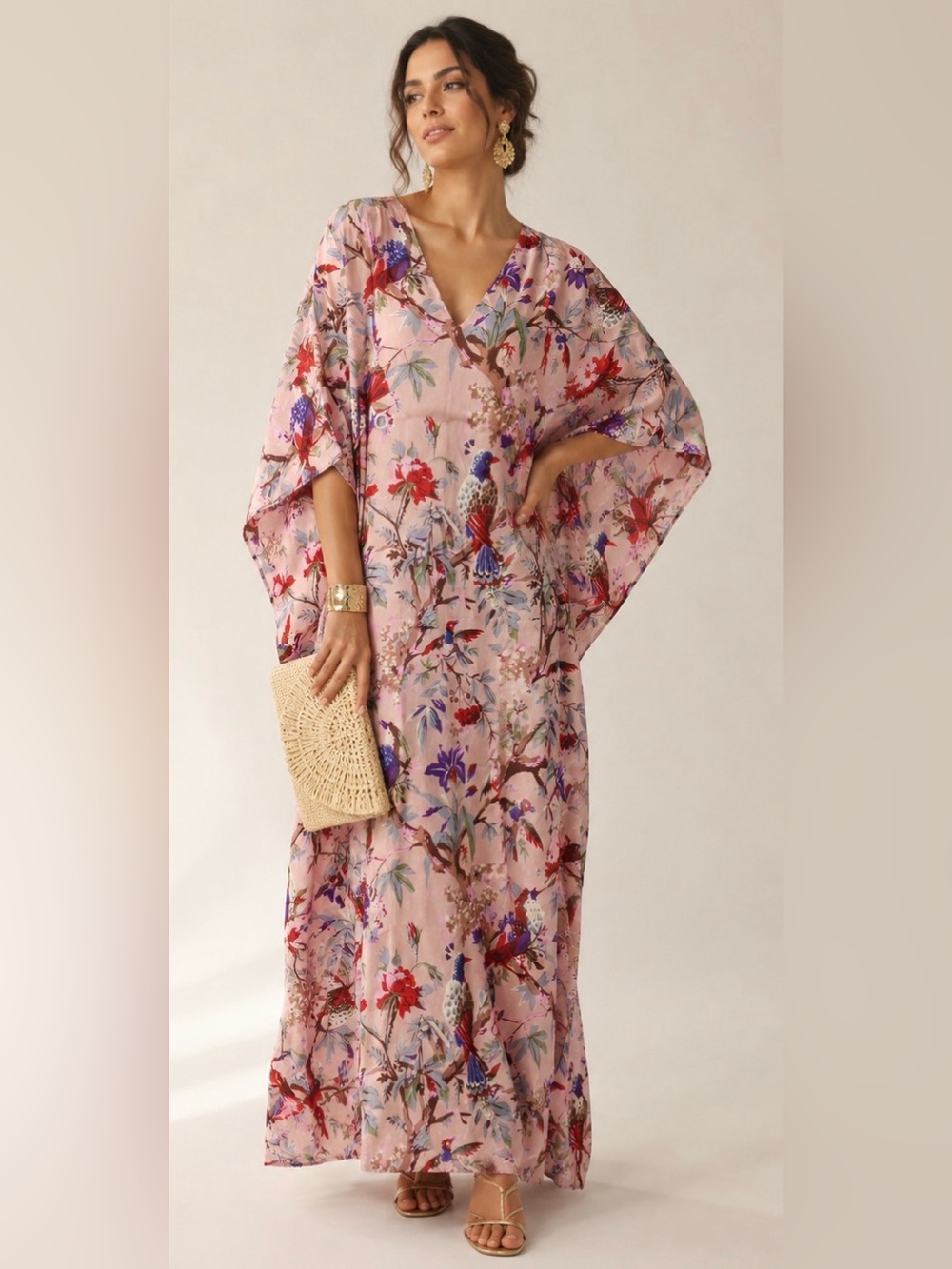 New Cotton Kaftan Pink Bird & Floral Print OS